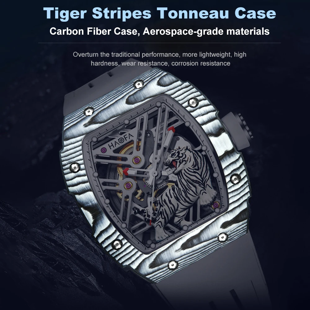 Haofa Skeleton Automatic Mechanical Watch for Men 3D Tiger Carbon Fiber Watch Sapphire Luminous Waterproof Men Watch 1973