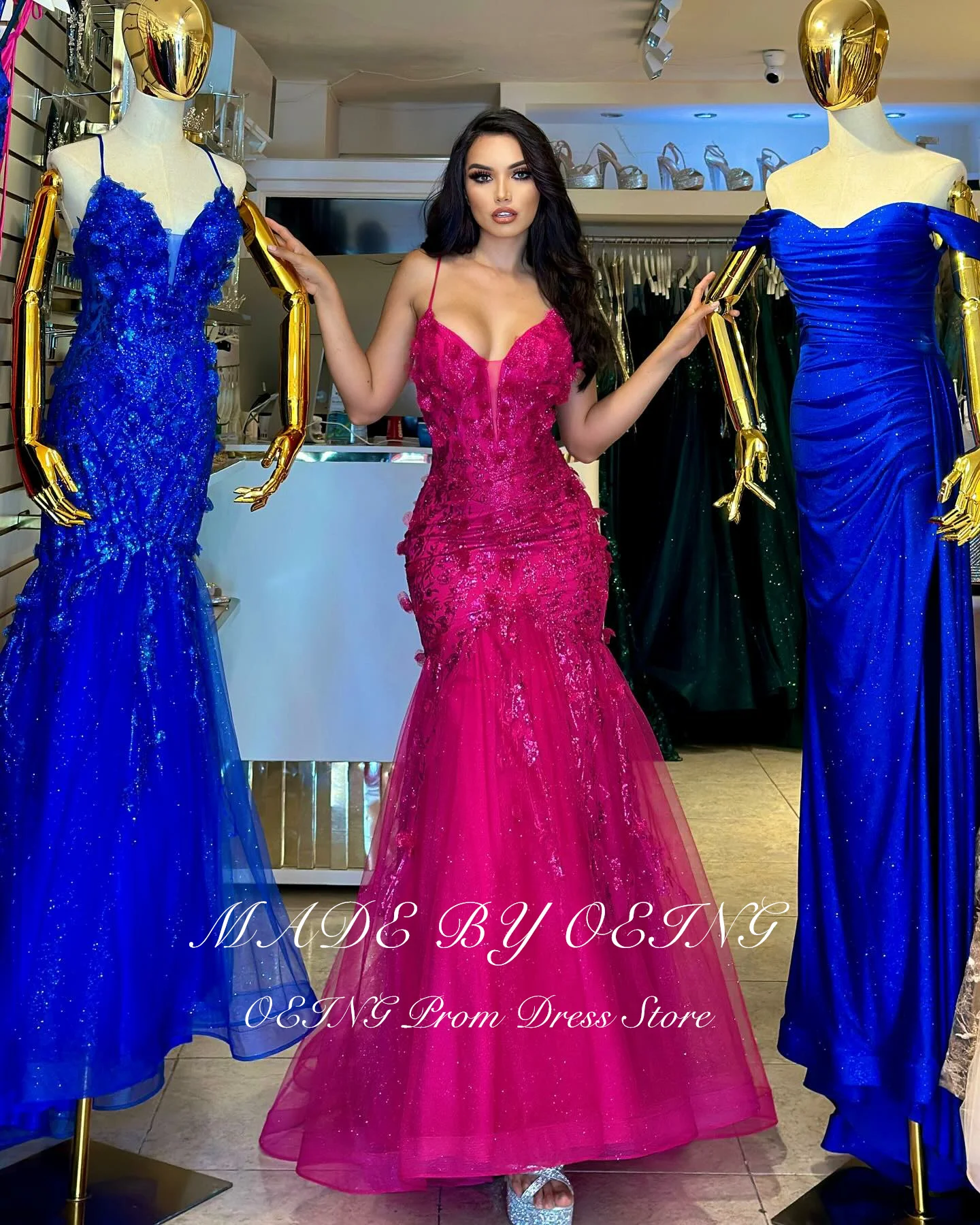 Kanufahren Fuchsia Ballkleider elegante Spaghetti träger Tüll gestufte V-Ausschnitt Abendkleid besondere Gelegenheit Kleid Vestidos de Gala