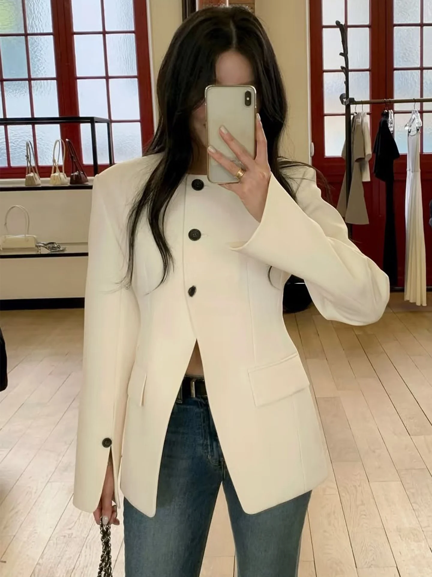 

Fashionable ROUJE KEFSS Women's Suit Jacket Autumn High Waist Single Button Design Casual Long Sleeve Mid-Length Coat