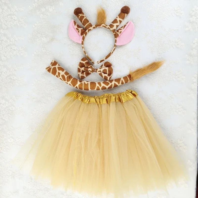 Halloween Giraffe Cosplay Costume Set, Giraffe Ear Hairband Tail, Skirt, Bowtie, Animal Dress up Costume for Kid Wholesale