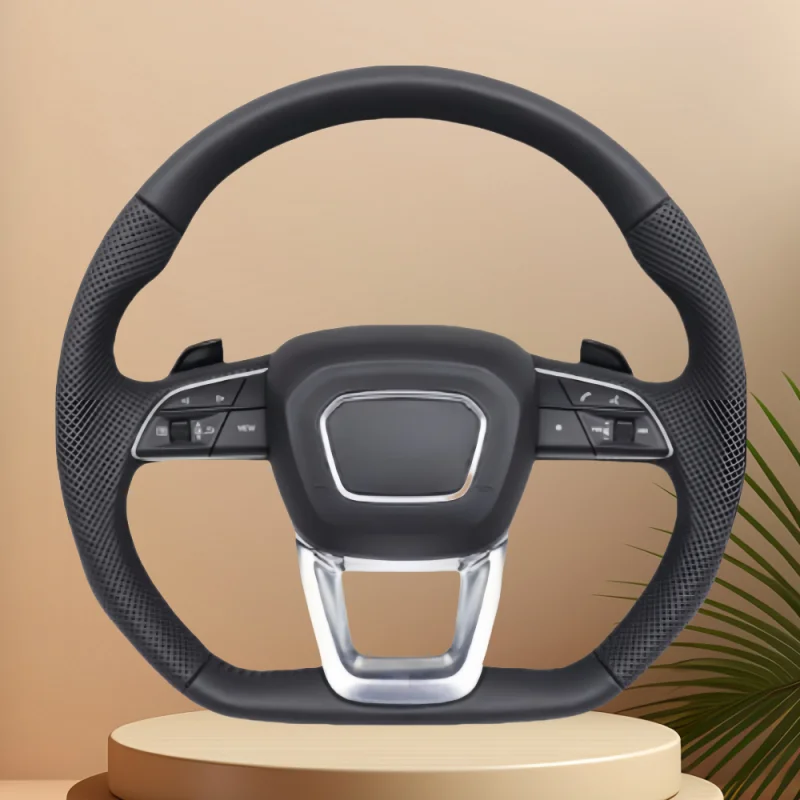 Car Steering Wheel Black Genuine Leather For Audi A4 A5 Q3 Q5 Q5L Q7 Q8 With Paddle Shifters Flat Bottom Automotive Accessories