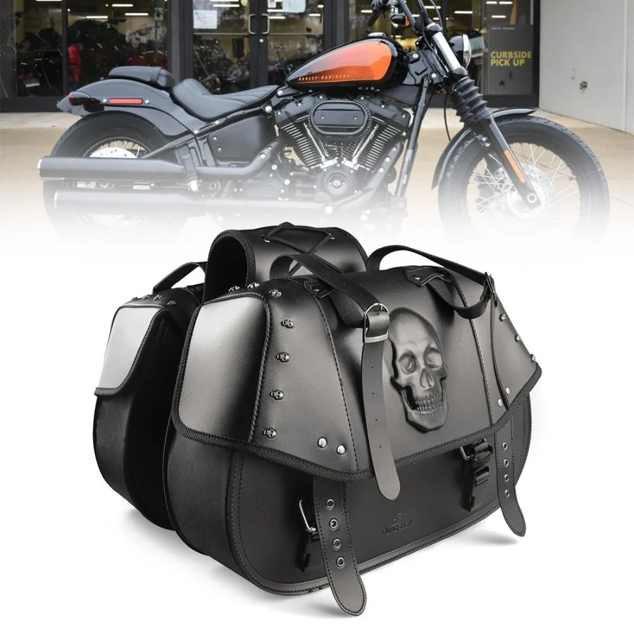 

34L Leather Motorcycle SKULL Saddlebags Large Quick-Easy Universal Fit Throw Over Saddle Bags Cruiser Biker Side Bags Black