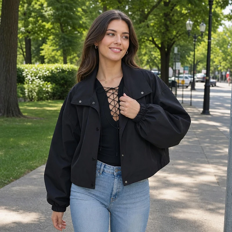 Women Cropped Snap Button Jacket Stand Collar Elastic Cuffs Loose Drop Shoulder Solid Color Outerwear Casual Daily Ladies Coat