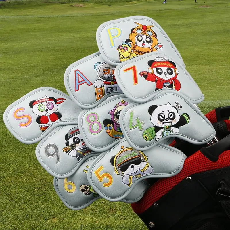 Fundas para cabeza de Golf de 9 piezas, con Panda bordado, etiqueta de Club, cuero PU, juego de fundas para cabeza de Golf, 4/5/6/7/8/9/P/A/S