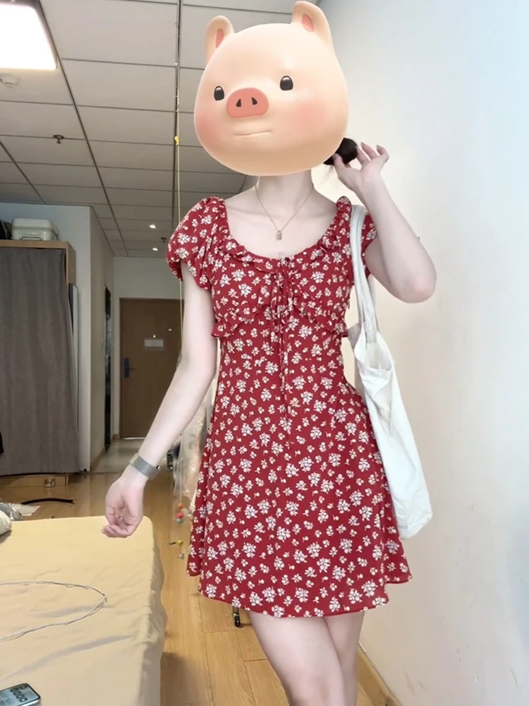 

XZY Sweet Floral Print Puffy Sve ort Dr Женская летняя утягивающая красная юбка трапециевидной формы для поездок на работу Корейская версия