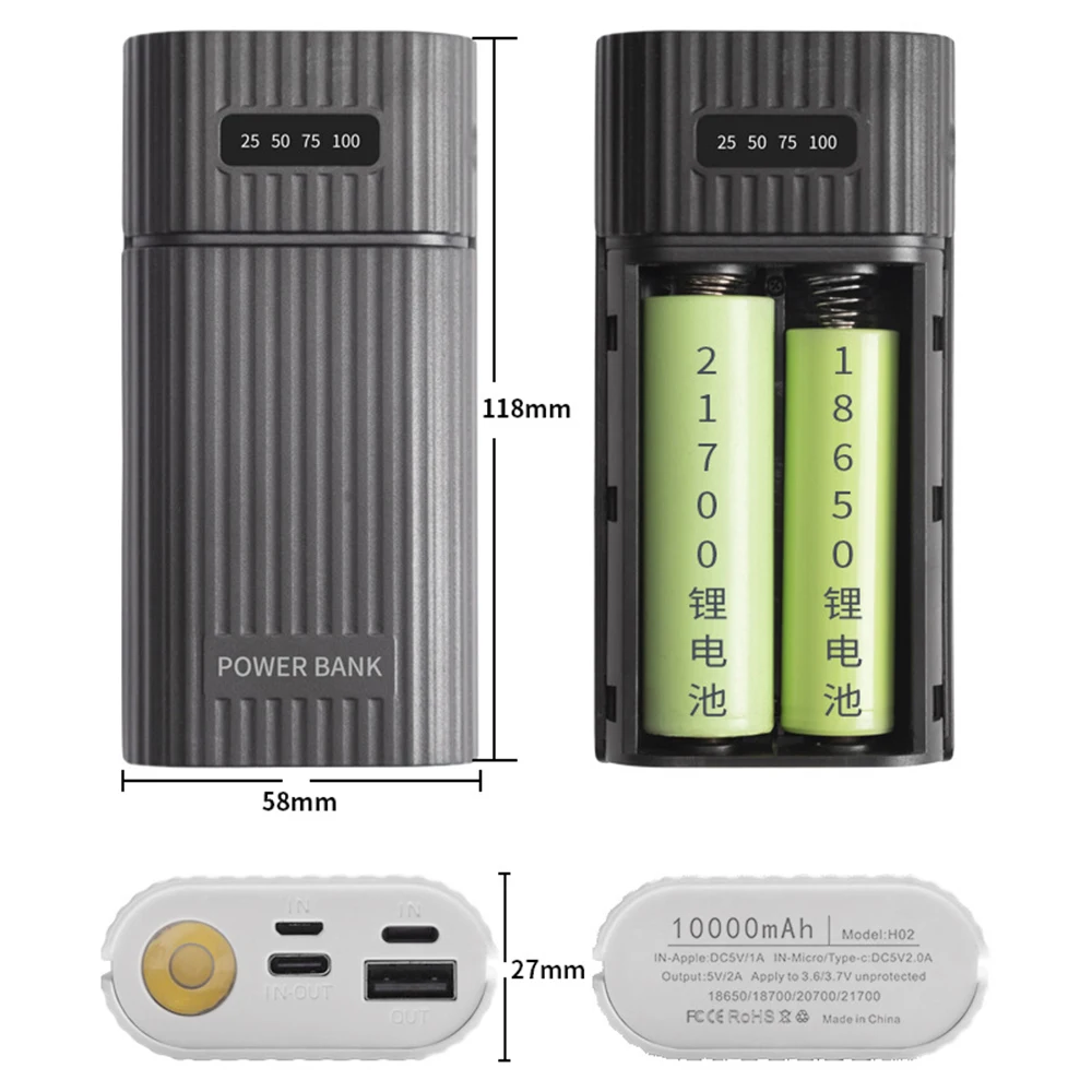 18650/18700/20700/21700 Zasilacz mobilny PD QC3.0 Szybkie ładowanie Power Bank Case Type-C/Micro/Apple Interfejs