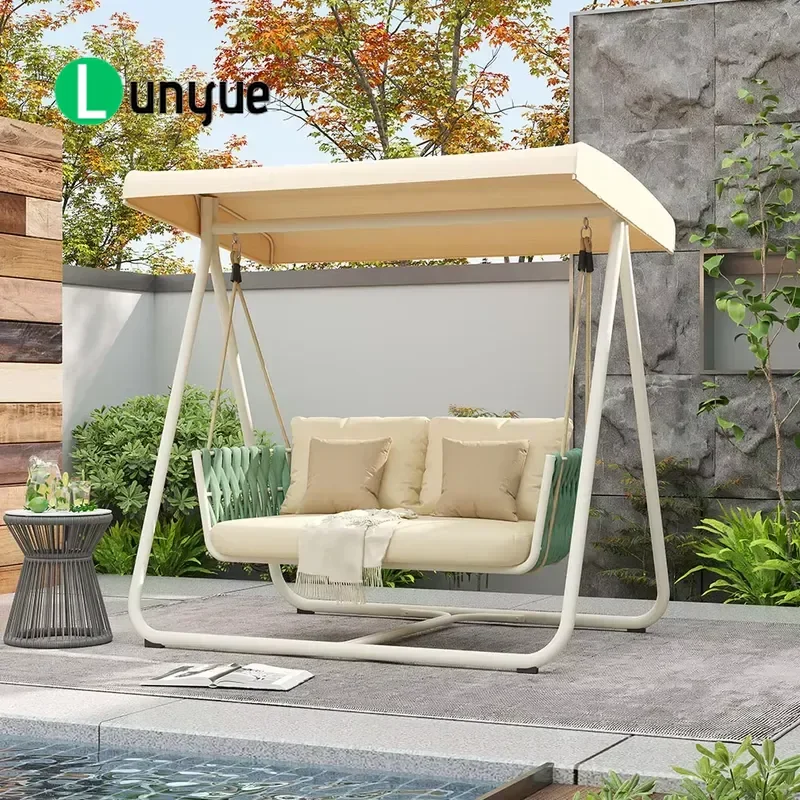 Outdoor Rope Weaving Porch Swing Chair Waterproof Rust Proof Patio Garden Swing with Suspension Bracket Canopy and Seat