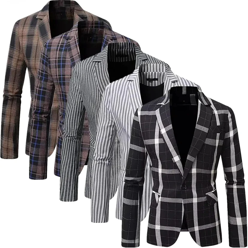 

Men's Black Striped Suit Jacket, Single Button V-Neck Casual Blazers, Stylish Office Top, European Sizes M-XXL Khaki Coat.