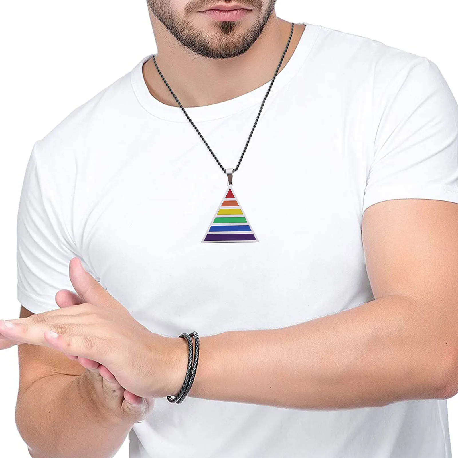 

Rainbow Pendant Custom Necklace Pride Chain for Men Triangle Mens Jewelry Metal