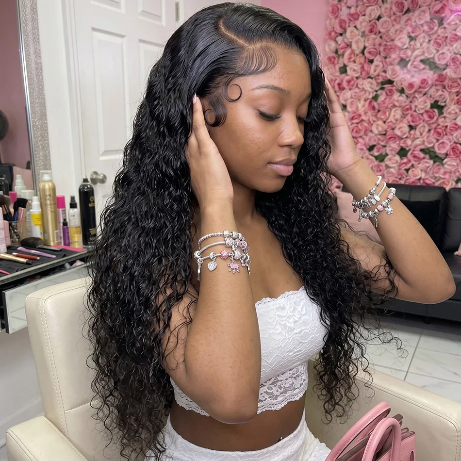 

40-дюймовые парики Deep Wave 13x4 HD Lace Frontal, натуральный черный цвет, плотность 250, волосы Remy, 5x5, без клея, готовые к носке, кудрявые парики без клея