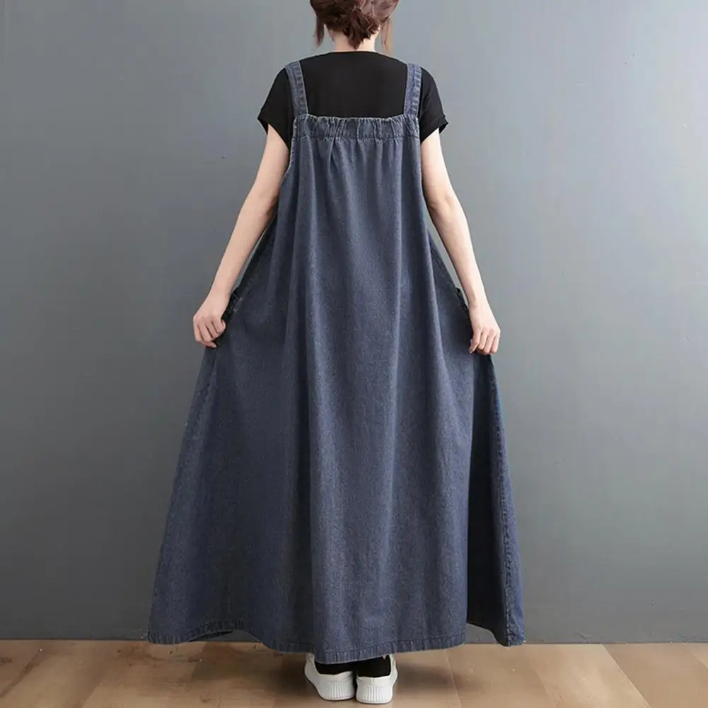 Women's Denim Overall Dress Loose Sleeveless Boho Jean Jumper Dress with Pockets Wide Hem Pinafore Dress with Adjustable Strap