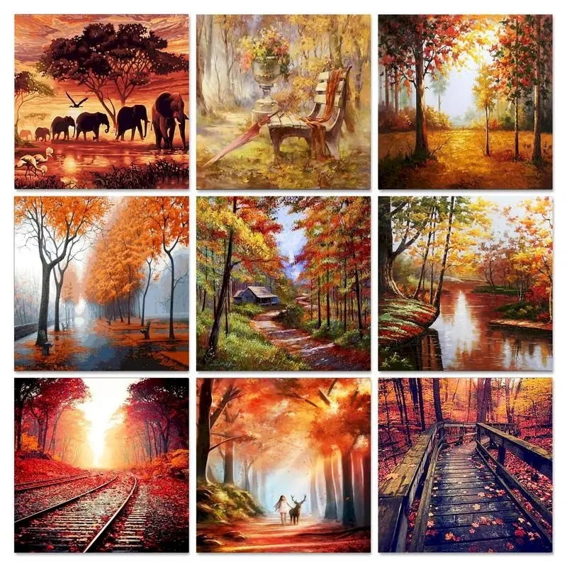 

RUOPOTY 60x75cm Frame Painting By Numbers Handpainted Gift Oil Painting Autumn Scenery On Canvas Forest Home Decor Artwork