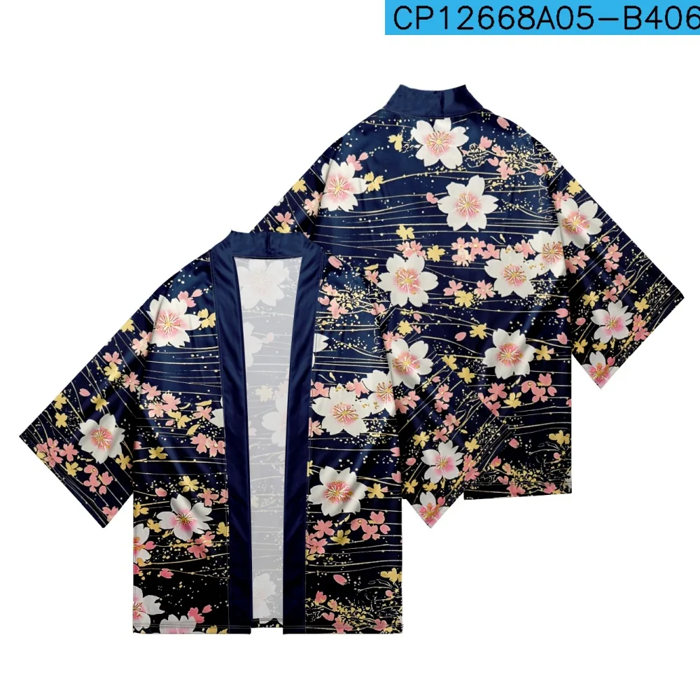 Sakura Print Japanese Blue Kimono Summer Beach Women Cardigan Yukata Traditional Men Haori Asian Clothing