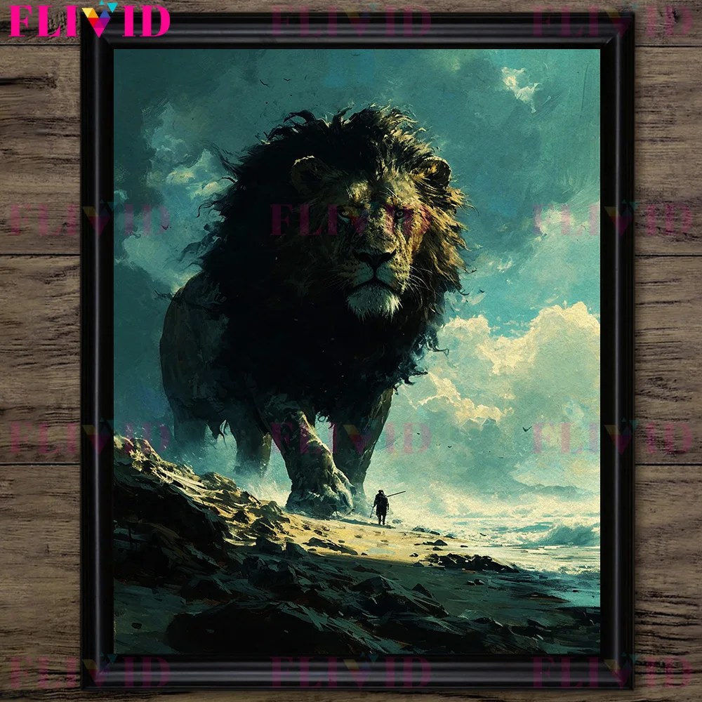 The Lion And The Swordsman In Winter Abstract Wall Art Canvas Painting Lion Beast Surreal Fantasy Art Poster Print Home Decor