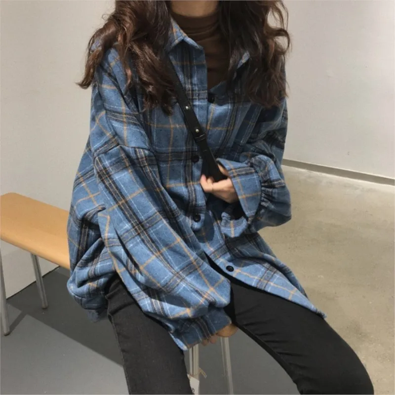 Female Spring  Autumn Oversized  Tunic  Shirt for Women Street Blouse  Vintage Plaid Flannel  Casual Korean Tops