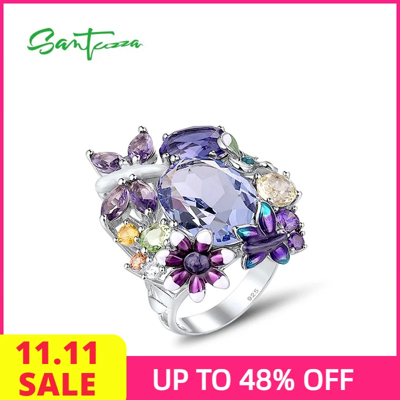 

SANTUZZA Pure 925 Sterling Silver Ring for Women Sparkling Purple Butterfly Delicate Plant Party Birthday Gifts Fine Jewelry