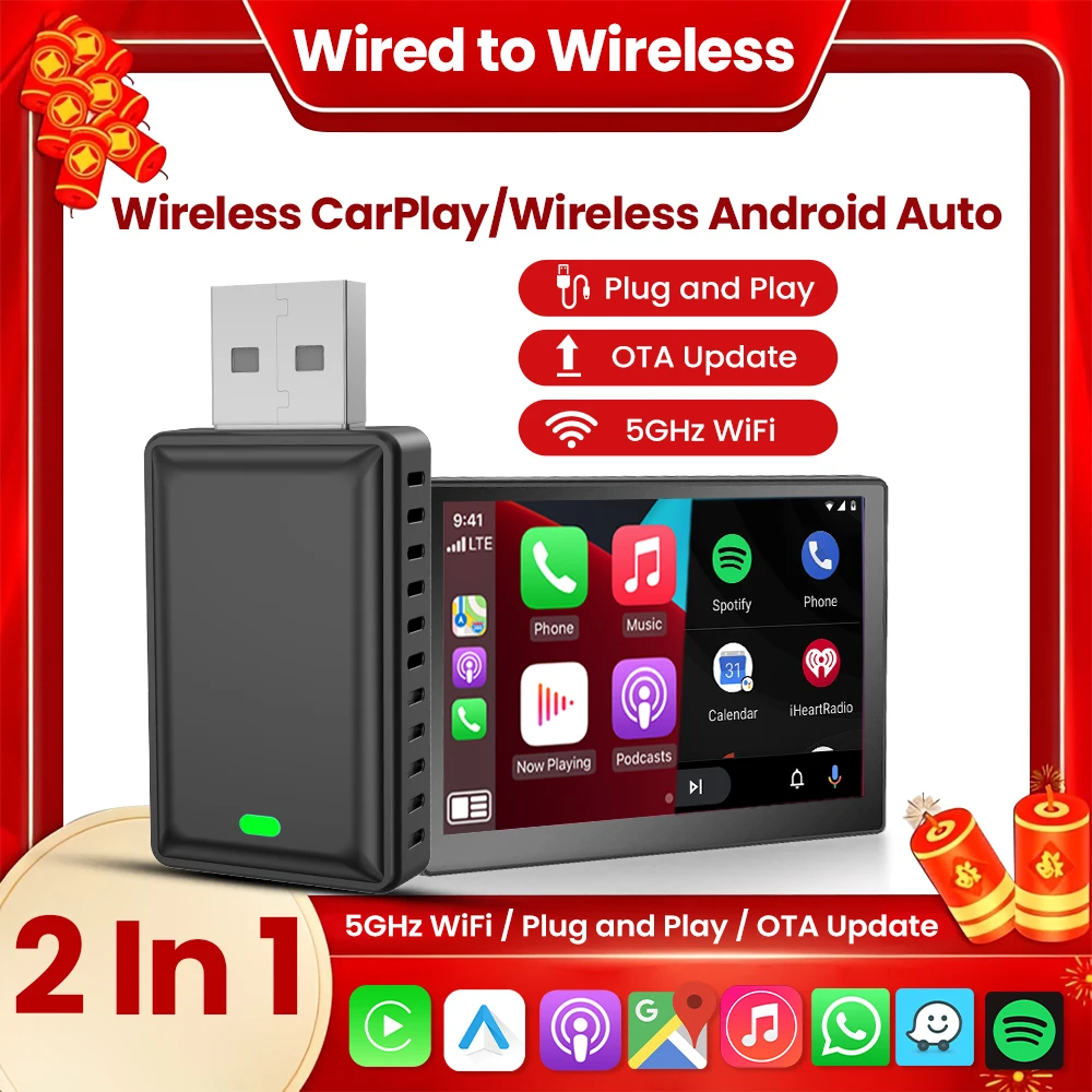 

Smallest 2 in 1 Adapter Carplay Android Auto Wireless Adapter Blunetooth Wifi Dongle For Toyota Mazda Nissan Kia Ford Opel Audi