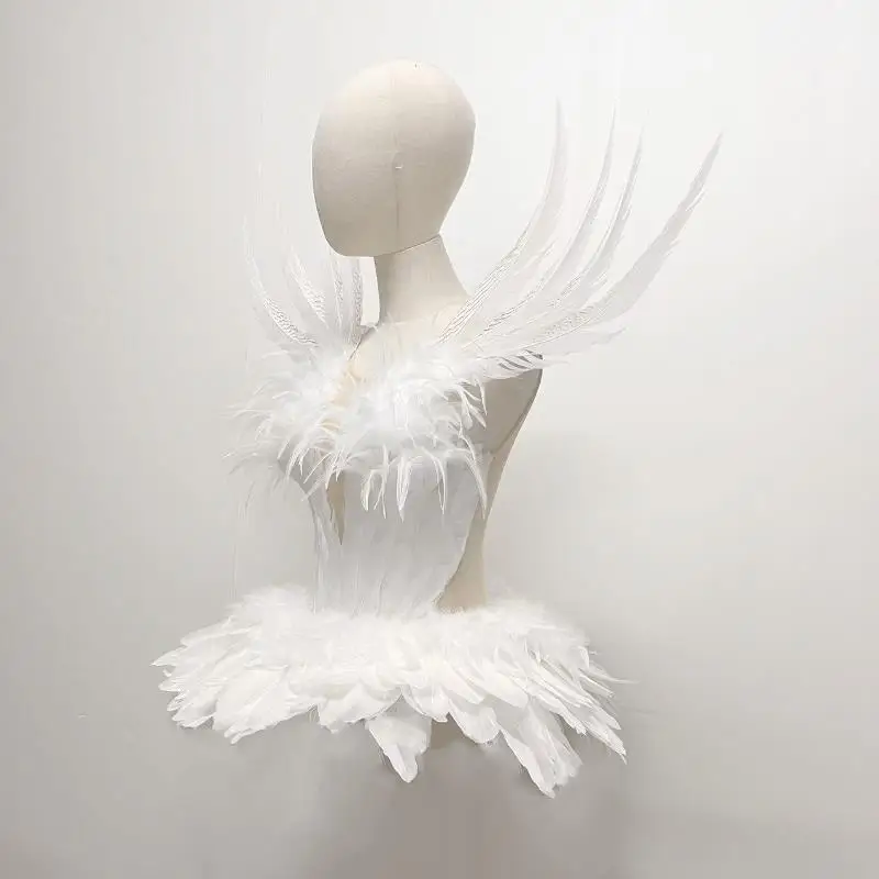 Sexy Rave Festival Outfit Women Swan Feather Angel Dress Drag Queen Fantasy Carnival Halloween Gogo Dancer Costume