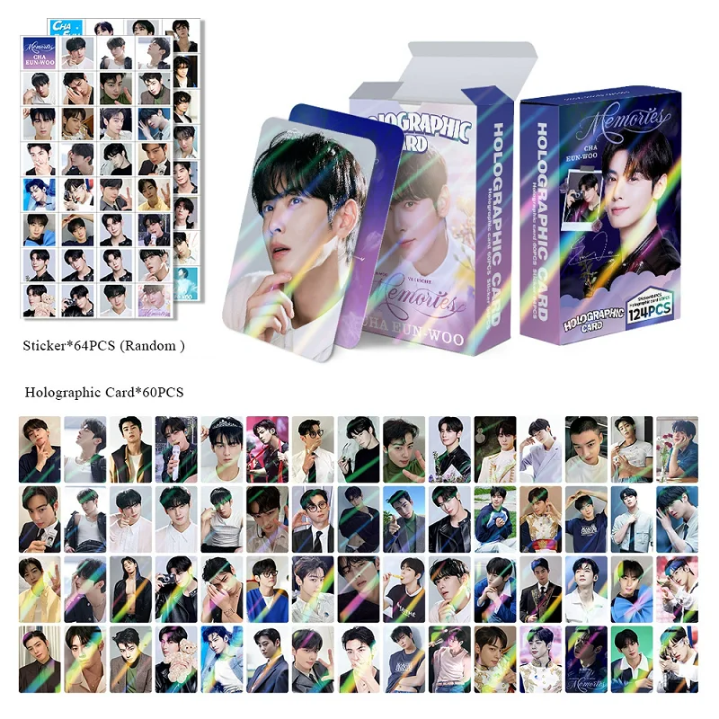 124PCS Cha Eun-woo Holographic Photo Cards - Double-Sided Korean
