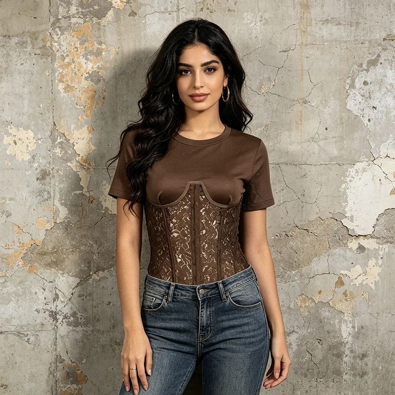 ZAMOR HIGH STREET Women's 2026 Summer New Vintage Workwear Style Round Neck Corset Boning Lace Spliced Cropped T-Shirt