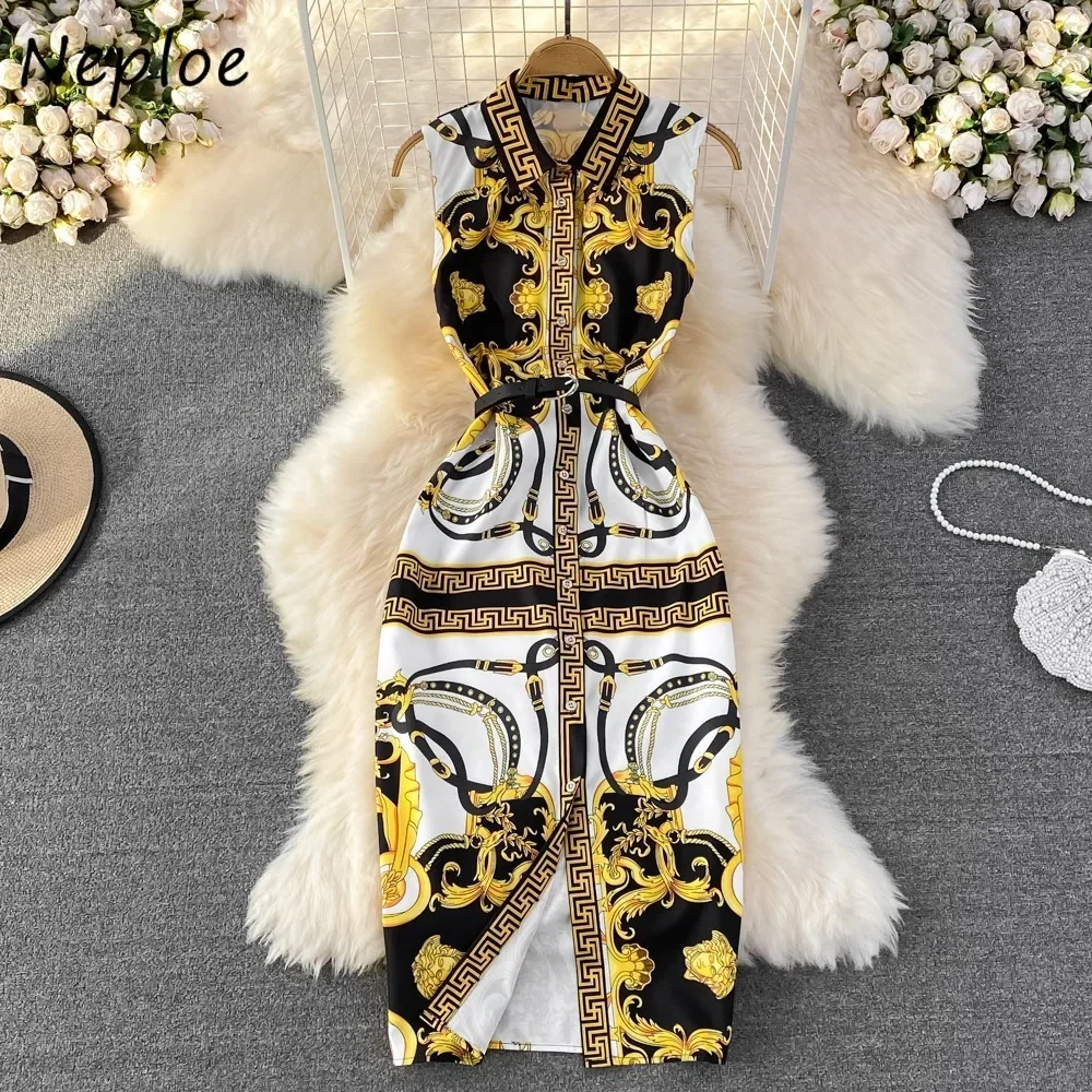 Neploe Casual Turn-down Collar Sleeveless Print Mujer Belt Slim Fit Vent Vintage Women Robe Mid-length Korea Temperament Dresses