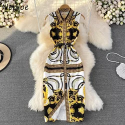 Neploe Casual Turn-down Collar Sleeveless Print Mujer Belt Slim Fit Vent Vintage Women Robe Mid-length Korea Temperament Dresses