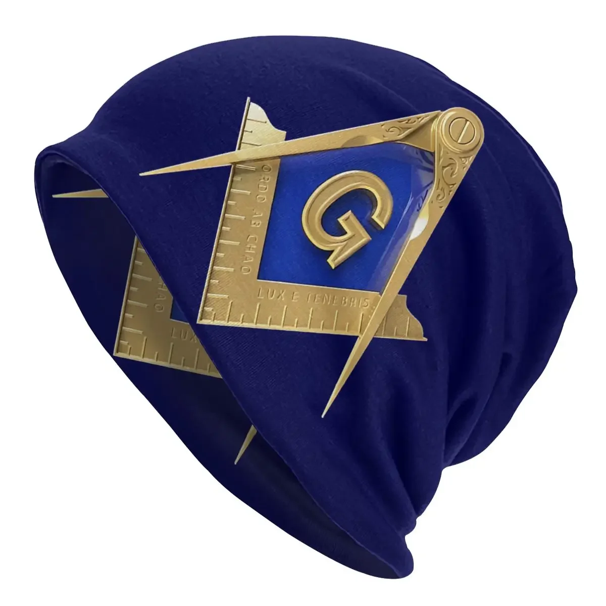 Freemason Gold Square Compass Blue Background Masonic Men Women Beanies Cycling Ski Cap Double Layer Fabric Bonnet Hat