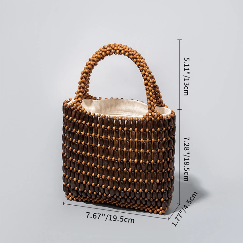 Summer Casual Beach Handbag Handmade Wooden Bead Bucket Bag Vintage Hollow Out Tote Bags Designer Fashion Women Wristbands Bag