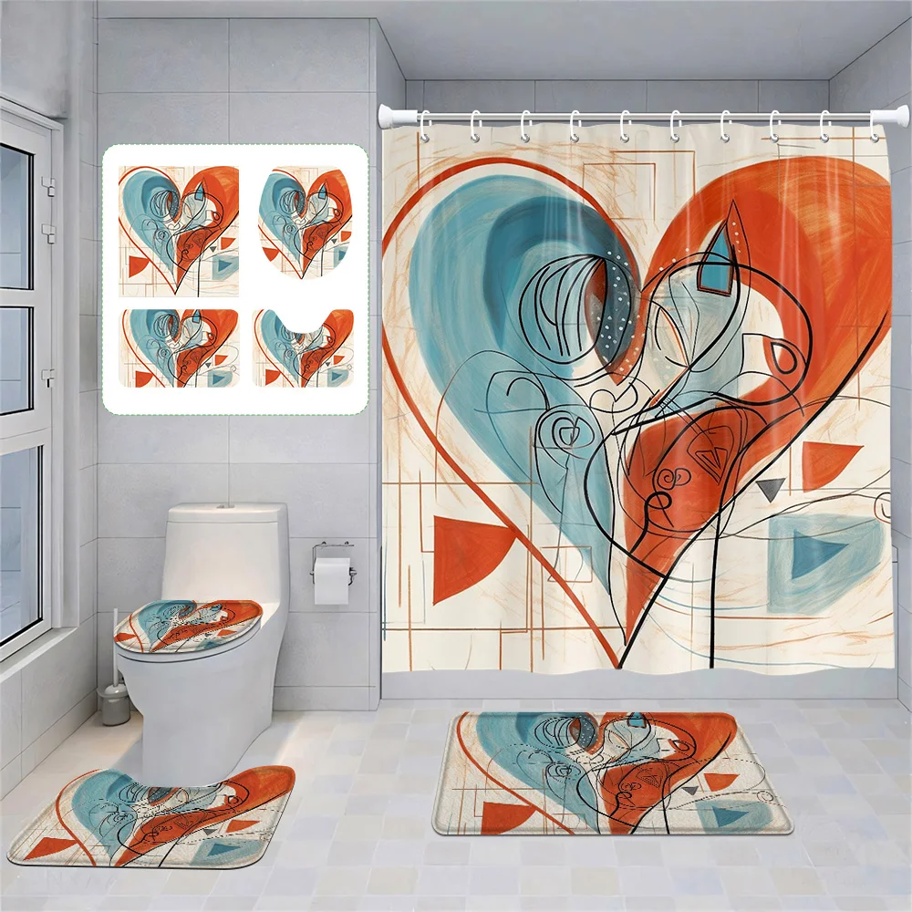 

Nordic Minimalist Abstract Geometric Bathroom suit Morandi Shower Curtain Floor Mat Toilet Mat Four-piece Home Decoration