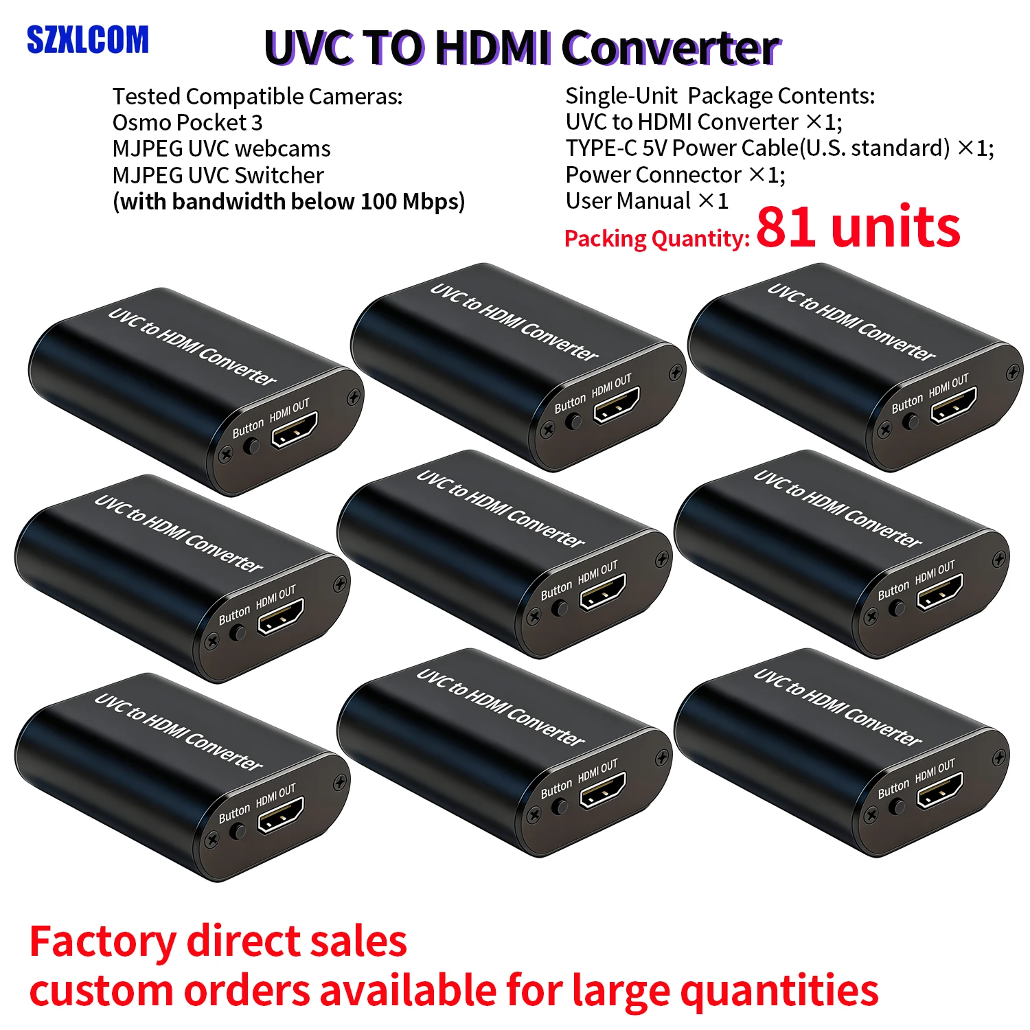 SZXLCOM UVC to HDMI Converter 81 per box MJPEG usb to hdmi Video Converter Compatible with DJI Pocket 3/USB cameras/etc