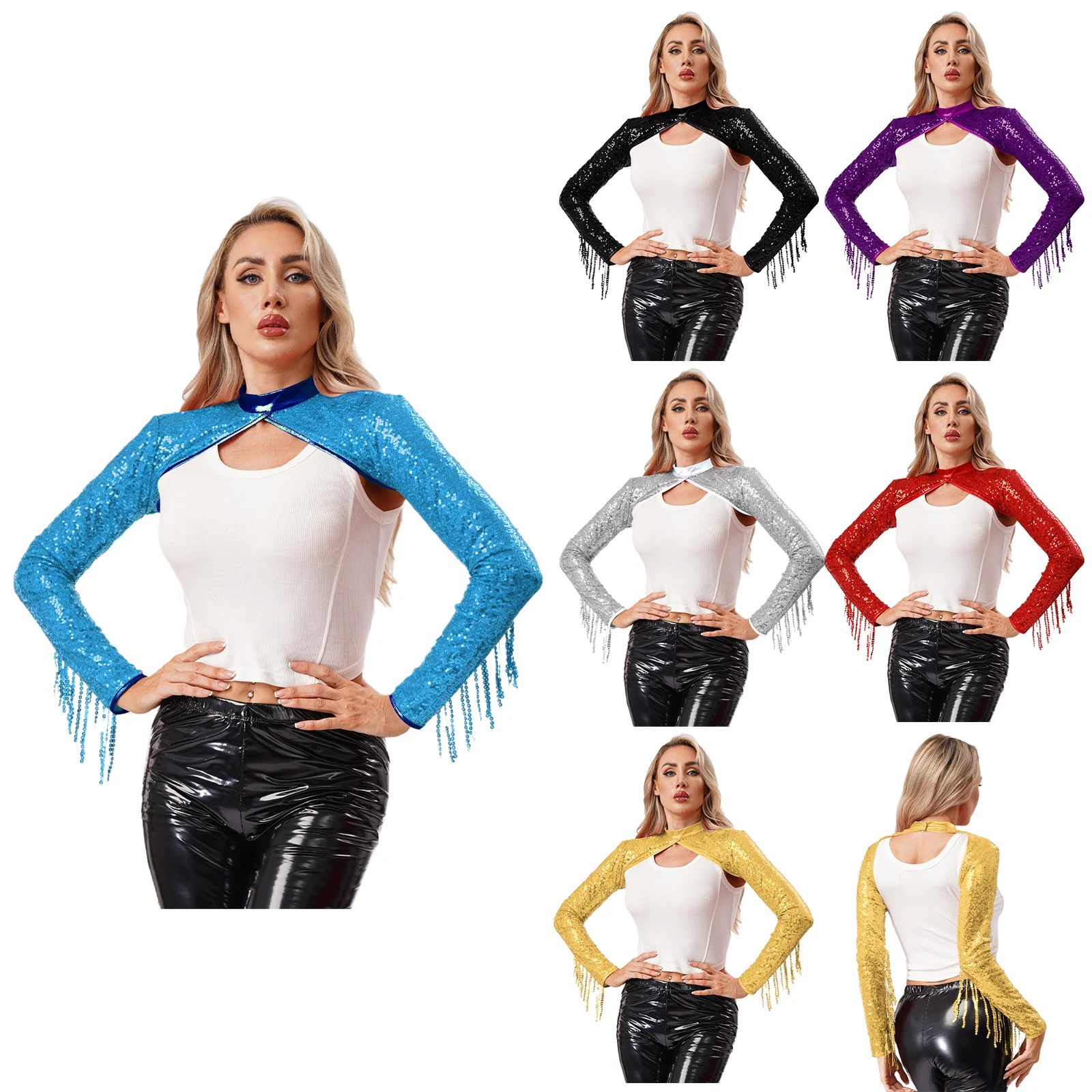 Mulheres lantejoulas xales bolero festa palco dança desempenho acessório mini casacos manga longa com borla encolhe os ombros xales cardigan