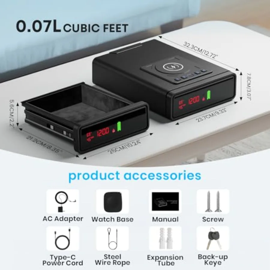 Biometric Fingerprint Gun Safe with Phone and Watch Wireless Charging 3 Quick Access Clock Handgun Safe with Adjustable Brightn view 6