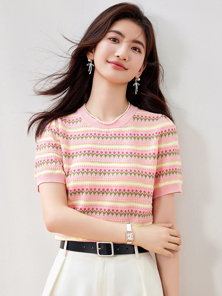2024 New Women\'s Summer Basic Short Sleeve T-shirts Casual Versatile Slimming Round Neck Striped Knitting T-shirt Tops