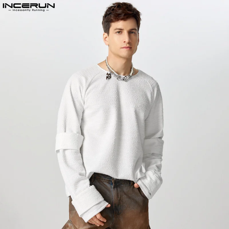 INCERUN Handsome Men's Tops Stylish Texture Design T-shirts Casual City Walk Male Hot Sale Solid All-match Long Sleeved Camiseta