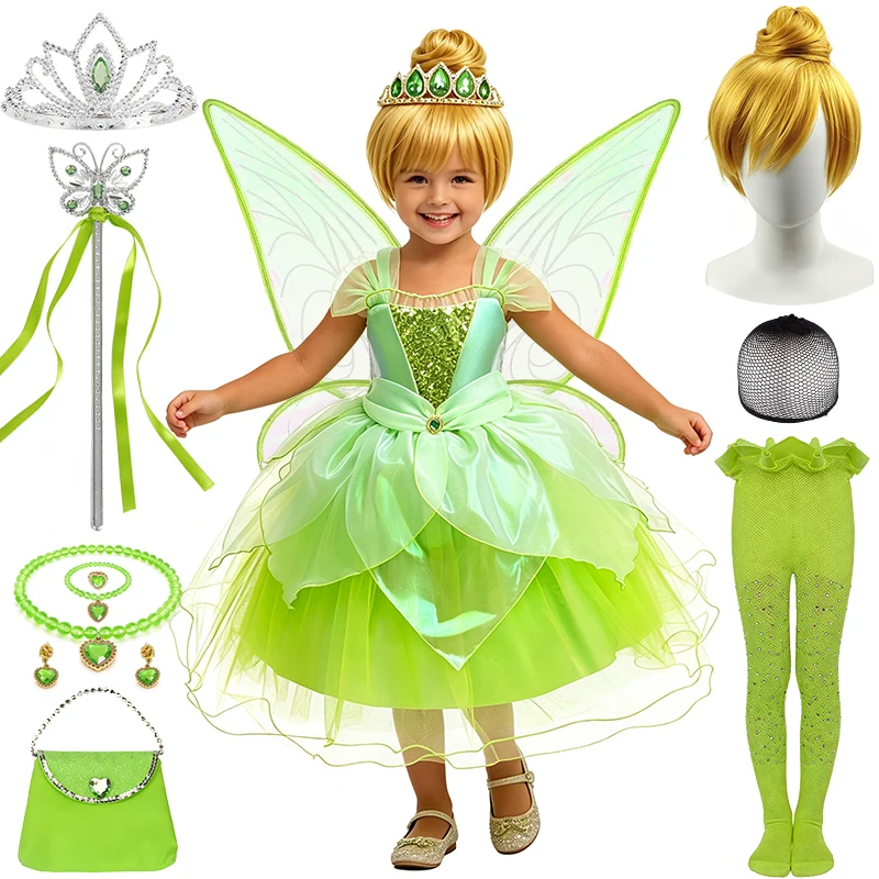 Girls Green Fairy Tinker Bell Dress Halloween Cosplay Princess Birthday Party Children's Costume Christmas Carnival Kids Clothes