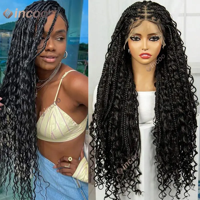 32Inches Long Boho Braided Wigs Synthetic Full Lace Knotless Box Braiding Wig with Curly Goddess Cornrow Lace Frontal Braids Wig