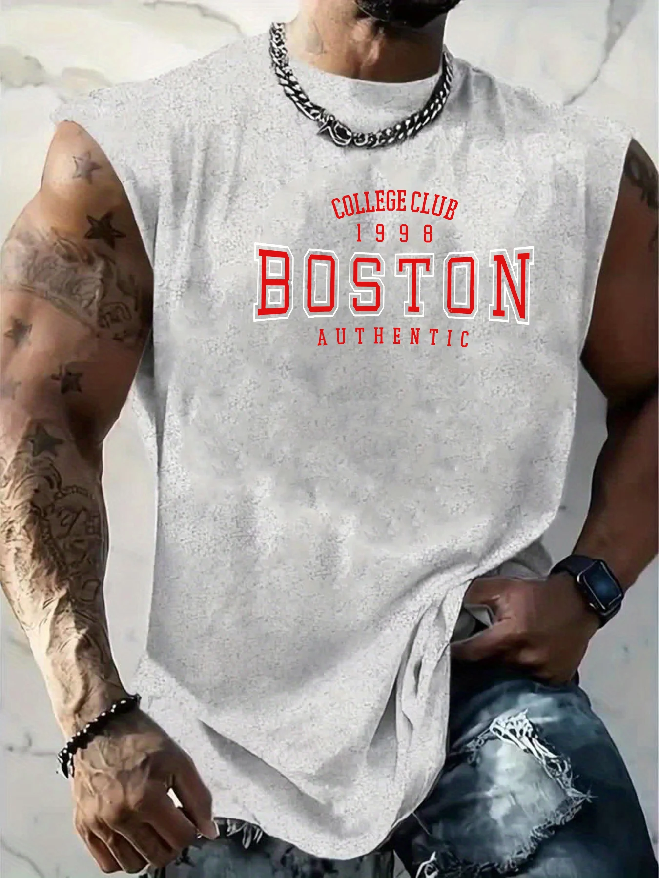 100% Cotton Men's Summer Fashion Boston Letter Print Casual Sports Fitness Loose Breathable Crew Neck Sleeveless Vest