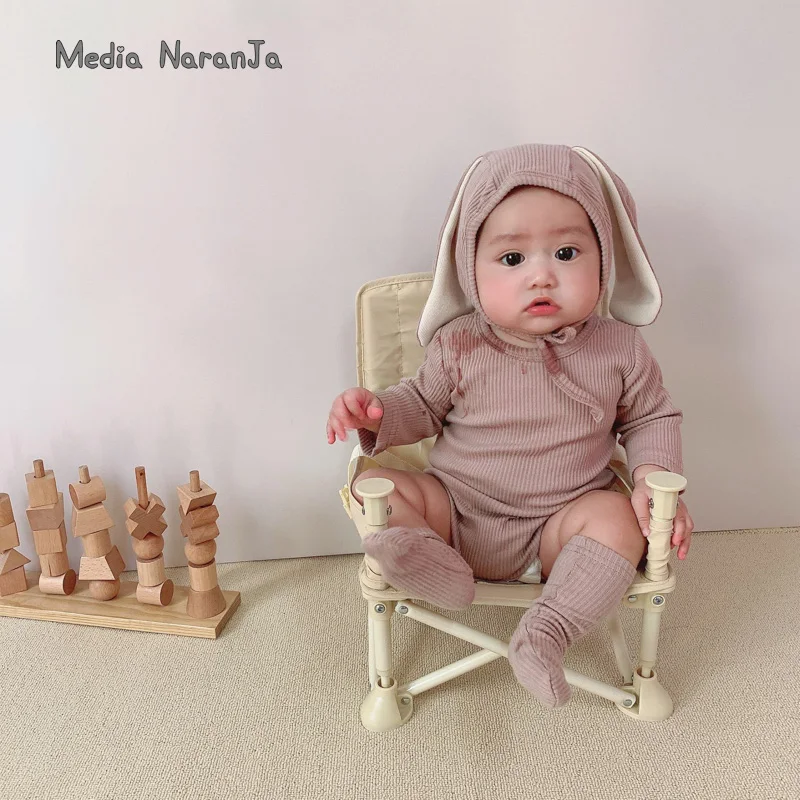 Ins baby clothes Spring autumn rabbit long sleeve infant girl boy sitter toddler hat+bodysuit+socks khaki pink photo props