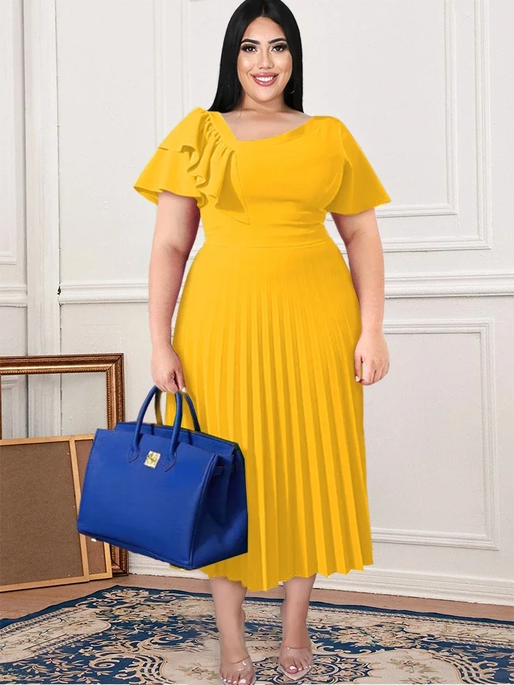 

4XL Dresses for Women Plus Size Irregular Short Sleeve High Waist Pleated Green Yellow Office Evening Party Gowns Outfits 2023