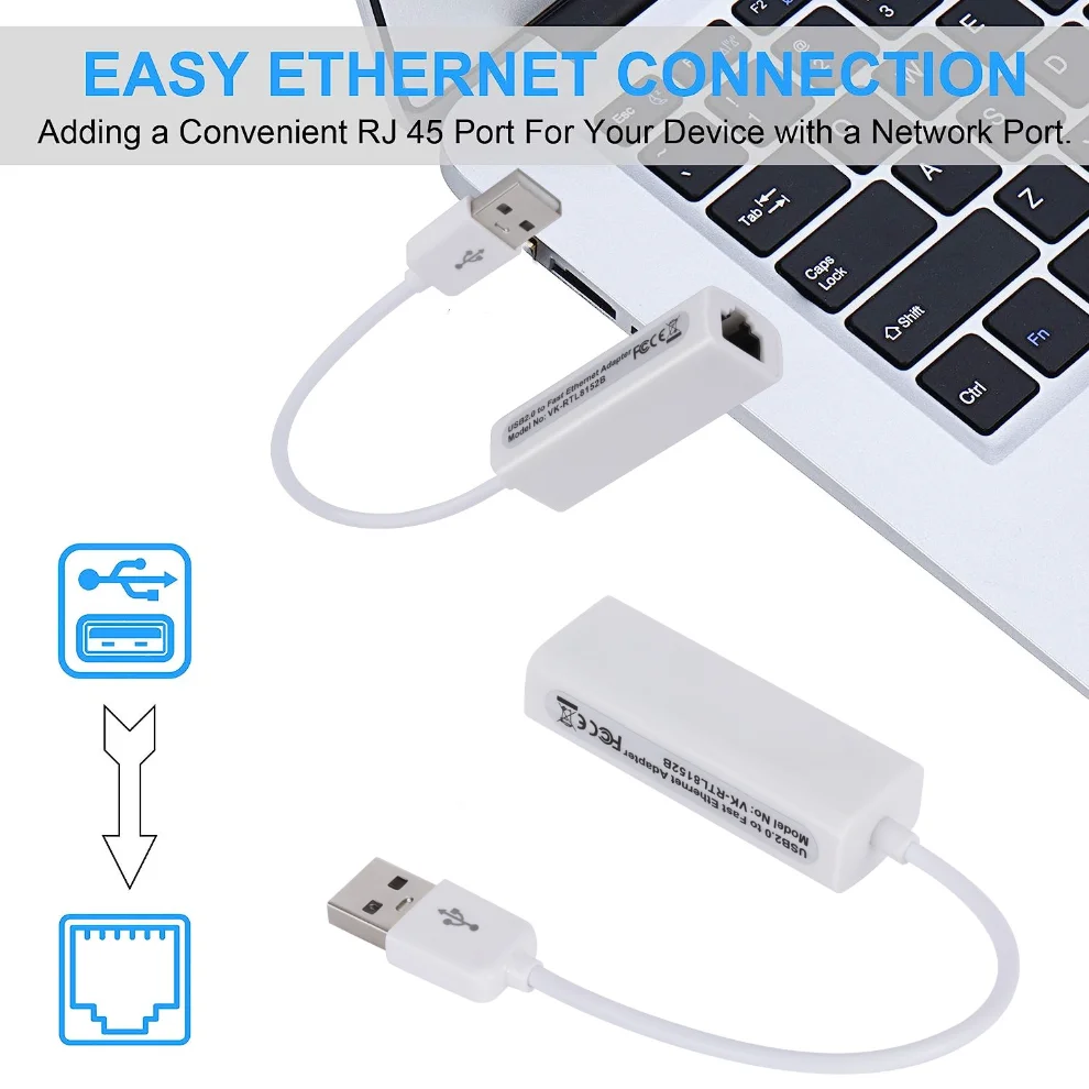 USB 2.0 para RJ45 Lan Ethernet Adapter, Placa de rede para PC, Macbook Laptop, Windows 7, 8, 10, 100Mbps, RTL8152B