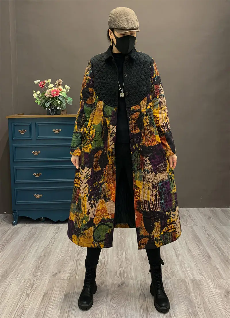 New Winter Vintage Cotton Linen Printing Splice Padded Cotton Coat Women\'s Loose Large Size Warm Mid Length Quilted Jacket T1198