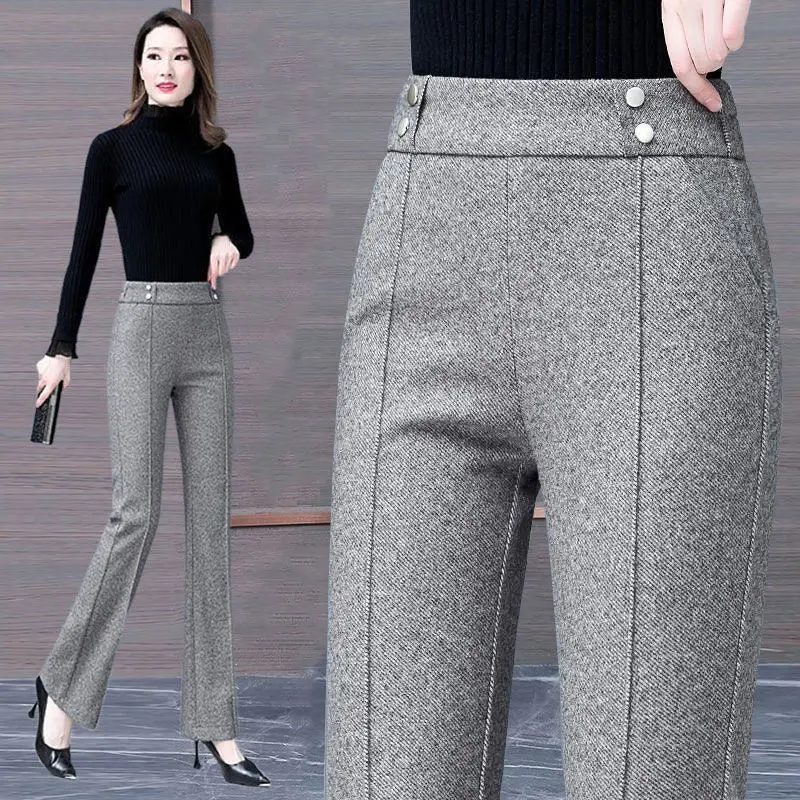 Urząd Lady luźne spodnie Flare jesienne zimowe koreańskie damskie kieszenie odzieżowe Patchwork wysokiej talii moda jednokolorowa na co dzień spodnie
