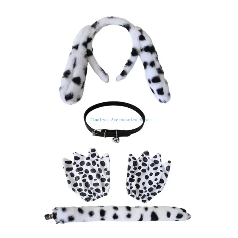 97QE Dalmatian Puppy Costume for Kids Halloween Animal Cosplay Accessories Ears Headband Tail Gloves Bells Choker Necklace