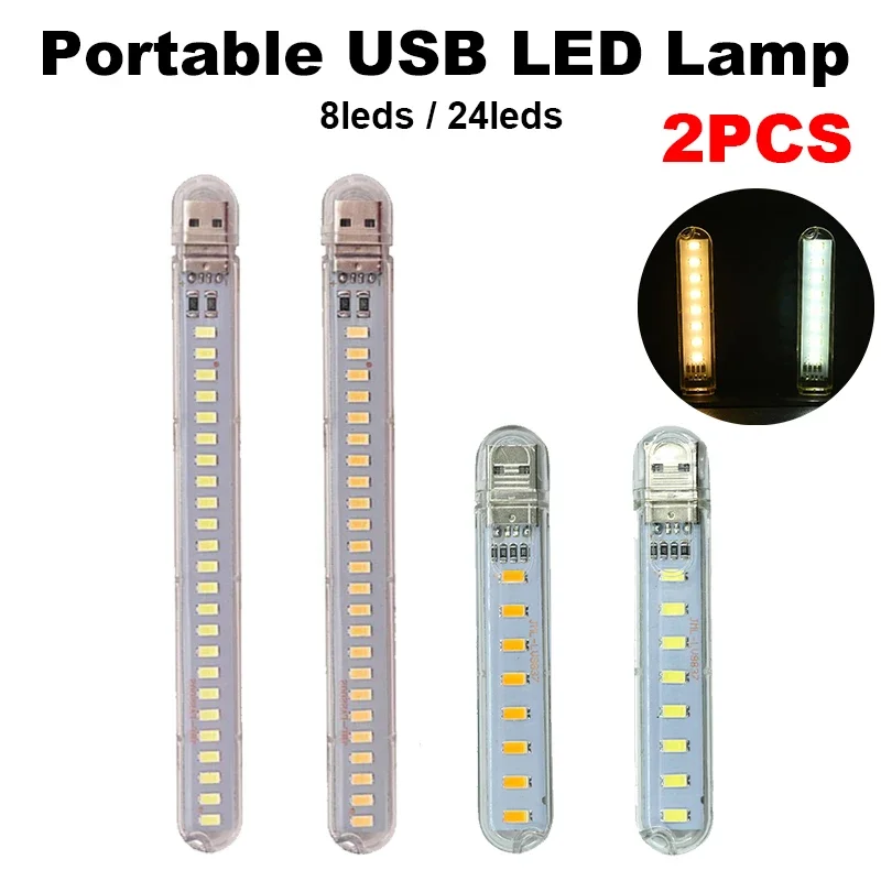 

2PCS Portable 8/24 LEDs Reading Lights USB LED Night Light Mini LED Book Lamp for Power Bank Laptop Camping Reading Lighting