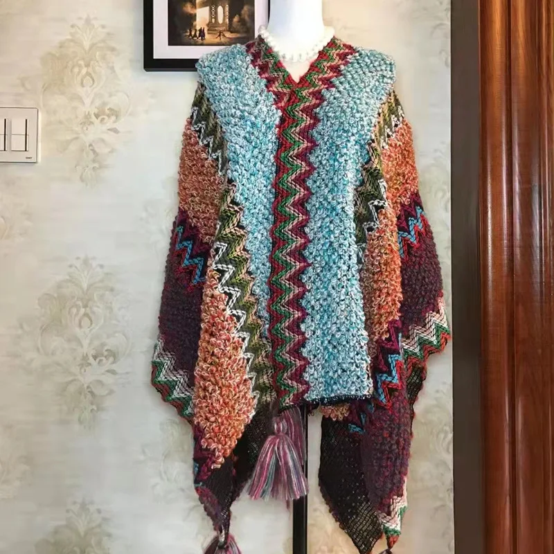 Châle poncho style bohème pour femme, cardigan chaud, capes ethniques, châles à franges géométriques, écharpe en laine Mohair Pashmina, hiver 2022