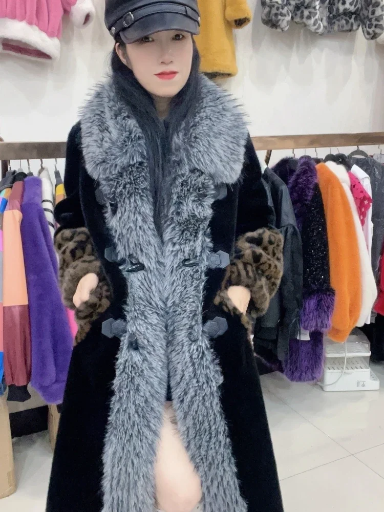 Winter New European Mink Fur Integrated Coat Womens High-end Luxury Fashion Mid-length Fox Fur Collar Simulation Mink Fur Coat