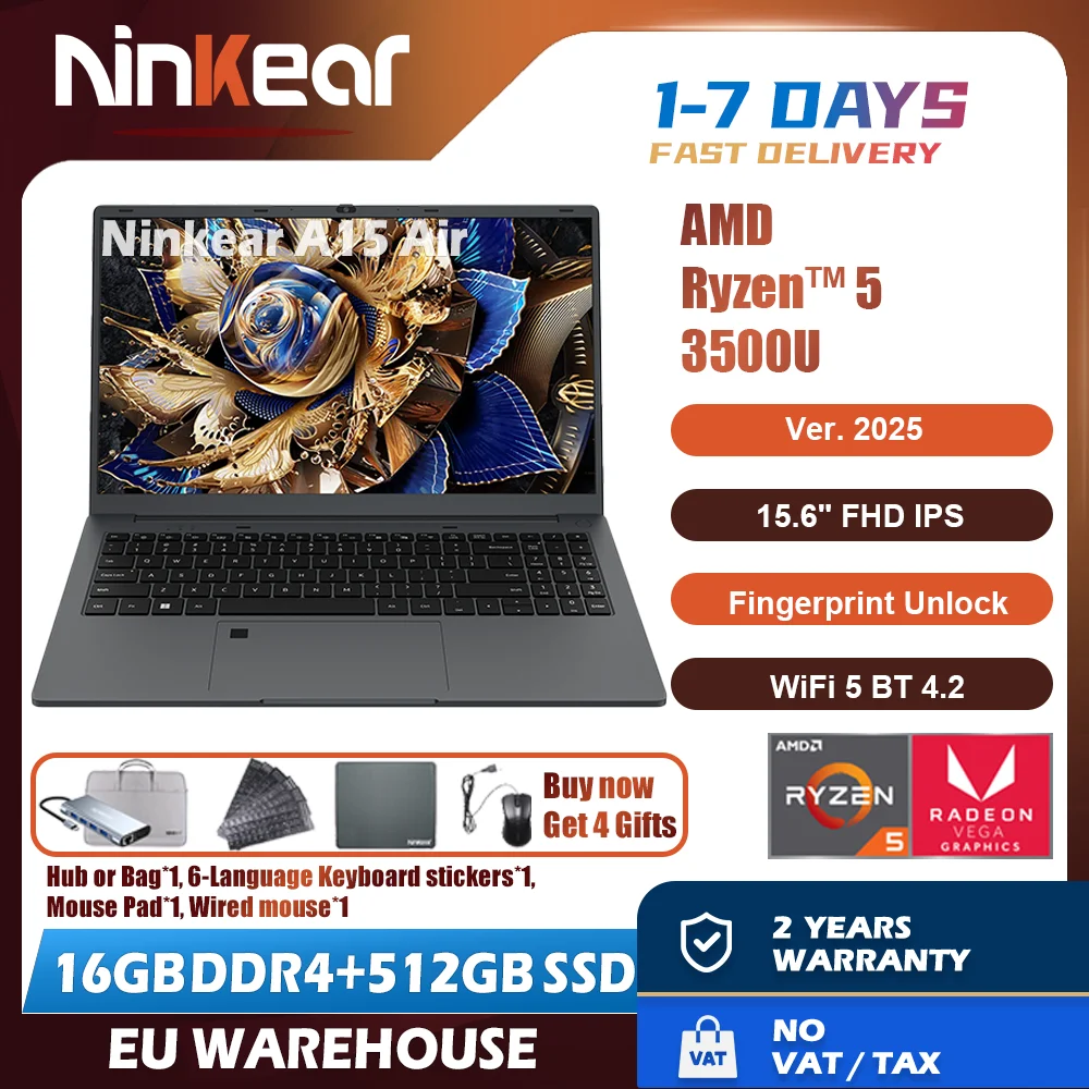 لاب توب Ninkear A15 Air 2025 بشاشة 15.6 بوصة FHD IPS AMD Ryzen ™   5 3500U 16 جيجابايت DDR4 3200 ميجا هرتز + 512 جيجابايت NVME SSD 180 °   فتح وإغلاق WiFi 5 BT 4.2 0.3s فتح بصمة الإصبع تم اختباره ومثبتها بجودة عالية للكمبيوتر المحمول وتقوية احتياجات الهاتف المحمول الخاصة بك بموثوقية