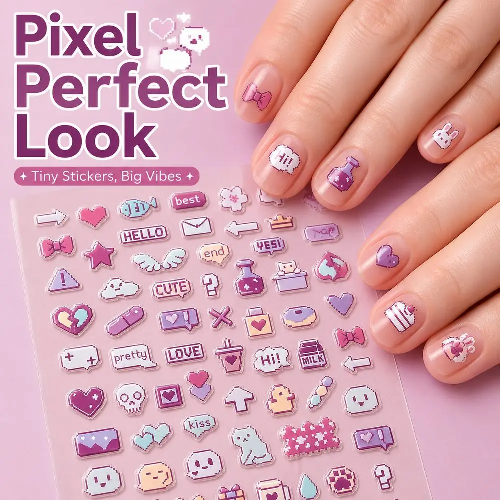 1Pc Y2K Aesthetic Embossed Nail Decals Sweet Cool Pixel Heart Bow Letter Cartoon Motif Stickers For Salon Home Nail Art Making