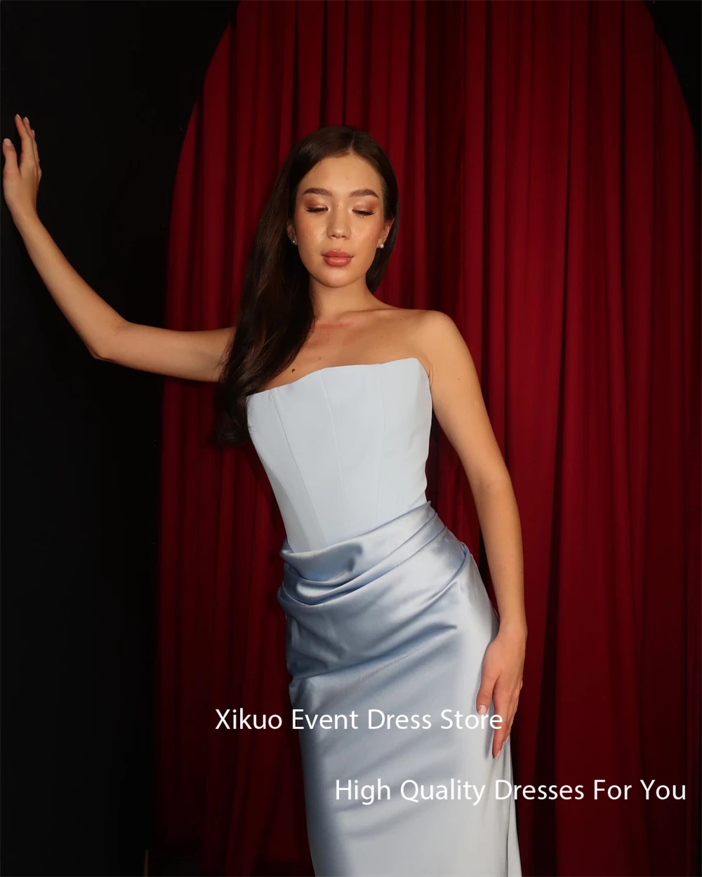 Xikuo moderno azul cetim feminino vestidos de noite sem alças longos vestidos de fiesta elegante sereia vestidos de festa de baile personalizados