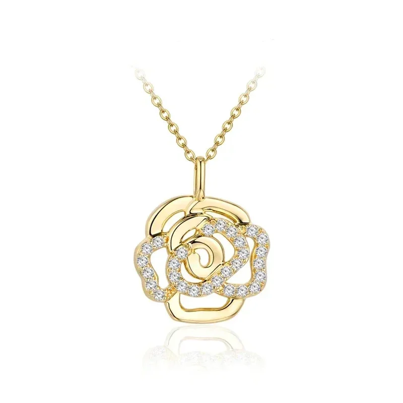 Huitan Zarte goldfarbene Blumen-Anhänger-Halskette für Damen, Verlobungszeremonie, Zubehör, glänzender Zirkonia-Schmuck für Hochzeit